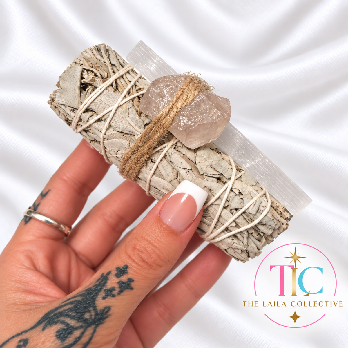 White Sage Smudge Bundle with Rose Quartz & Selenite