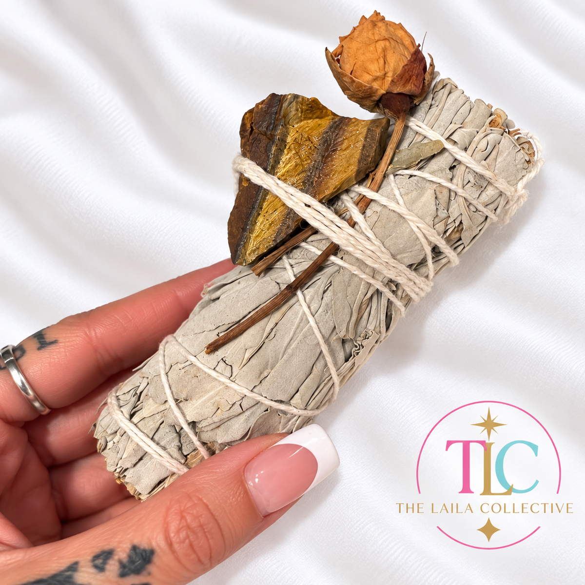 White Sage Smudge Bundle with Tiger’s Eye & Dried Rose