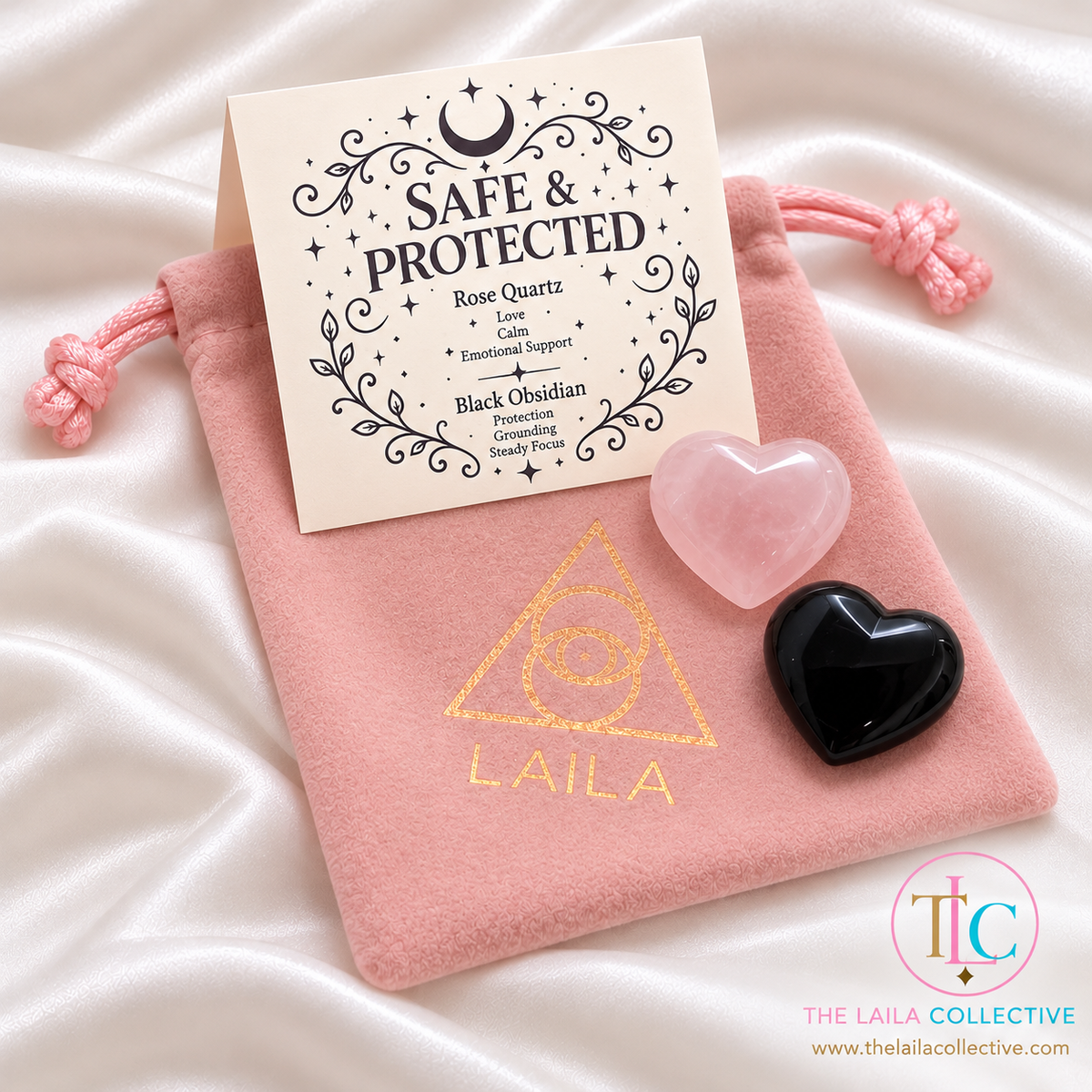 Safe & Protected Crystal Heart Set Rose Quartz & Black Obsidian